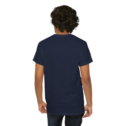 Back view of navy Wednesday Every Saturday T-shirt being worn