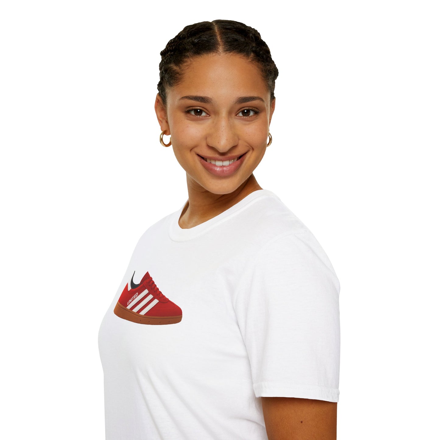 Smiling woman wearing white t-shirt with red sneaker graphic and gold hoop earrings