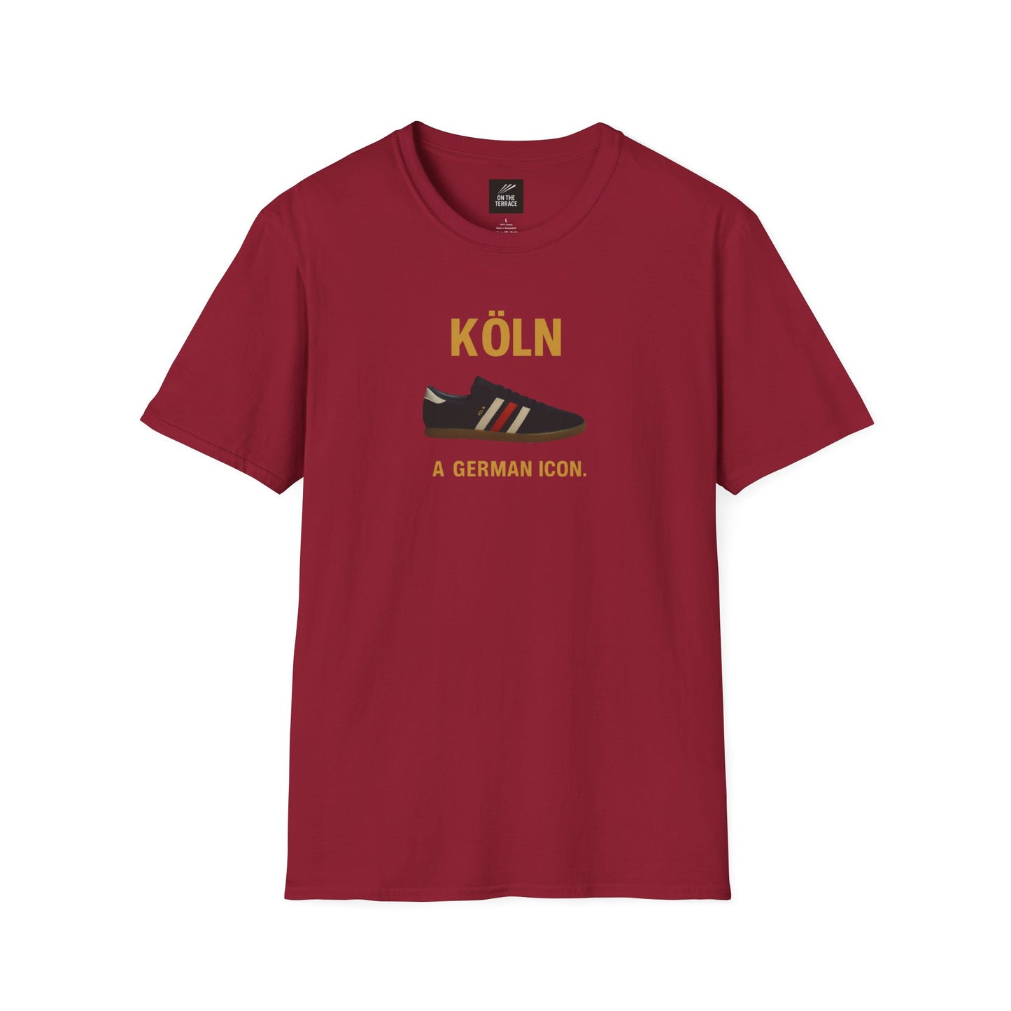Red t-shirt with 'KÖLN' text, sneaker graphic, and 'A German Icon' slogan in yellow