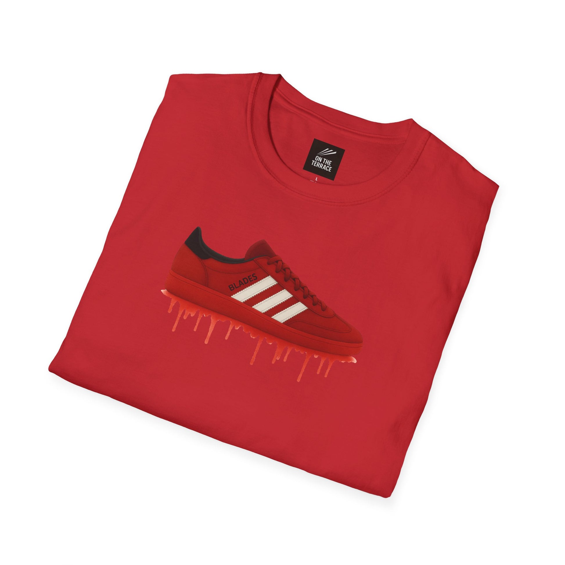 Red T-shirt with graphic of red sneaker featuring white stripes and dripping paint effect