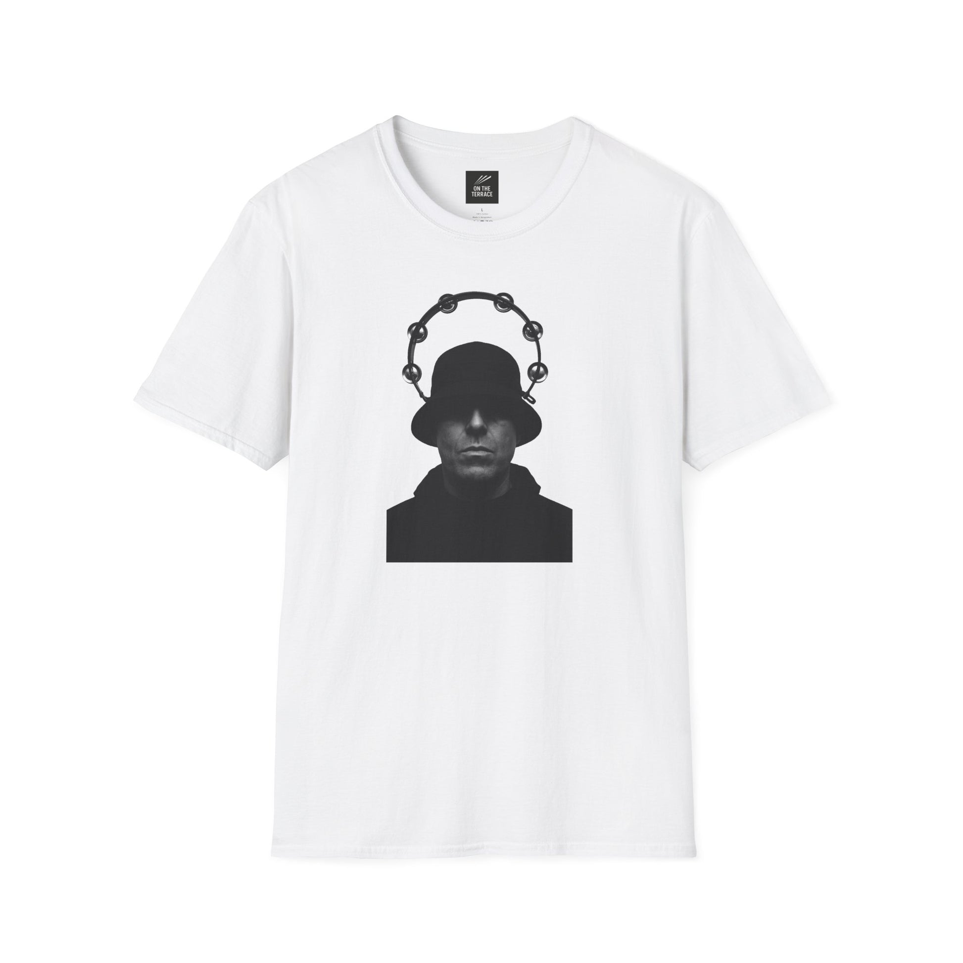 Oasis Liam Gallagher Shirt - Music Fashion | Durable DTG Print featuring black silhouette with tambourine halo on white cotton tee. Ideal for Britpop fans.