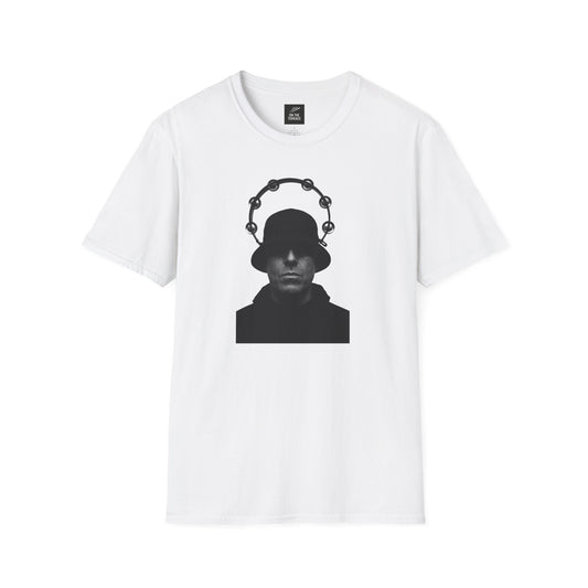 Oasis Liam Gallagher Shirt - Music Fashion | Durable DTG Print featuring black silhouette with tambourine halo on white cotton tee. Ideal for Britpop fans.