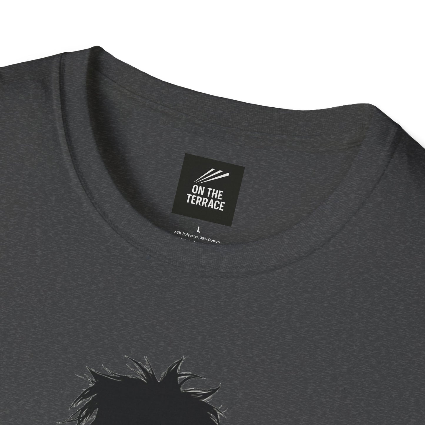 Close-up of dark gray crew-neck t-shirt with black On The Terrace label and silhouette graphic