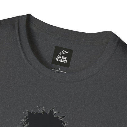 Close-up of dark gray crew-neck t-shirt with black On The Terrace label and silhouette graphic