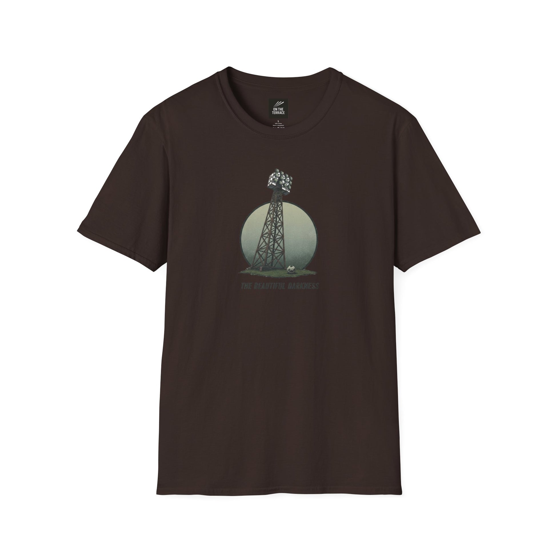 Dark brown t-shirt with a graphic of a stadium floodlight tower and soccer ball, text 'The Beautiful Darkness'