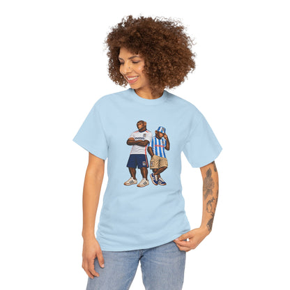 Woman wearing the sky blue Coventry Monkeys Duo graphic T-shirt