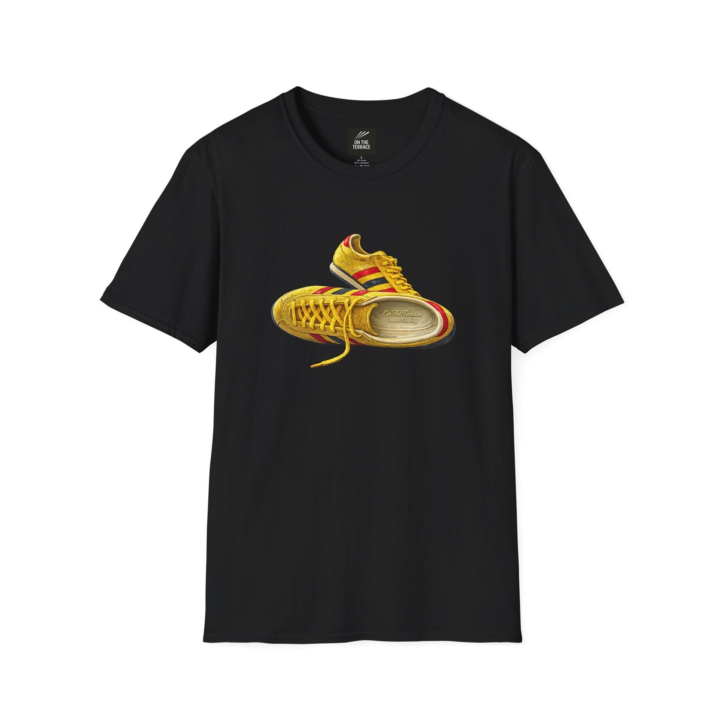 Black t-shirt with hand-illustrated yellow, navy and red retro terrace trainer sneaker graphic print, On The Terrace casual clothing brand