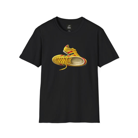 Black t-shirt with hand-illustrated yellow, navy and red retro terrace trainer sneaker graphic print, On The Terrace casual clothing brand