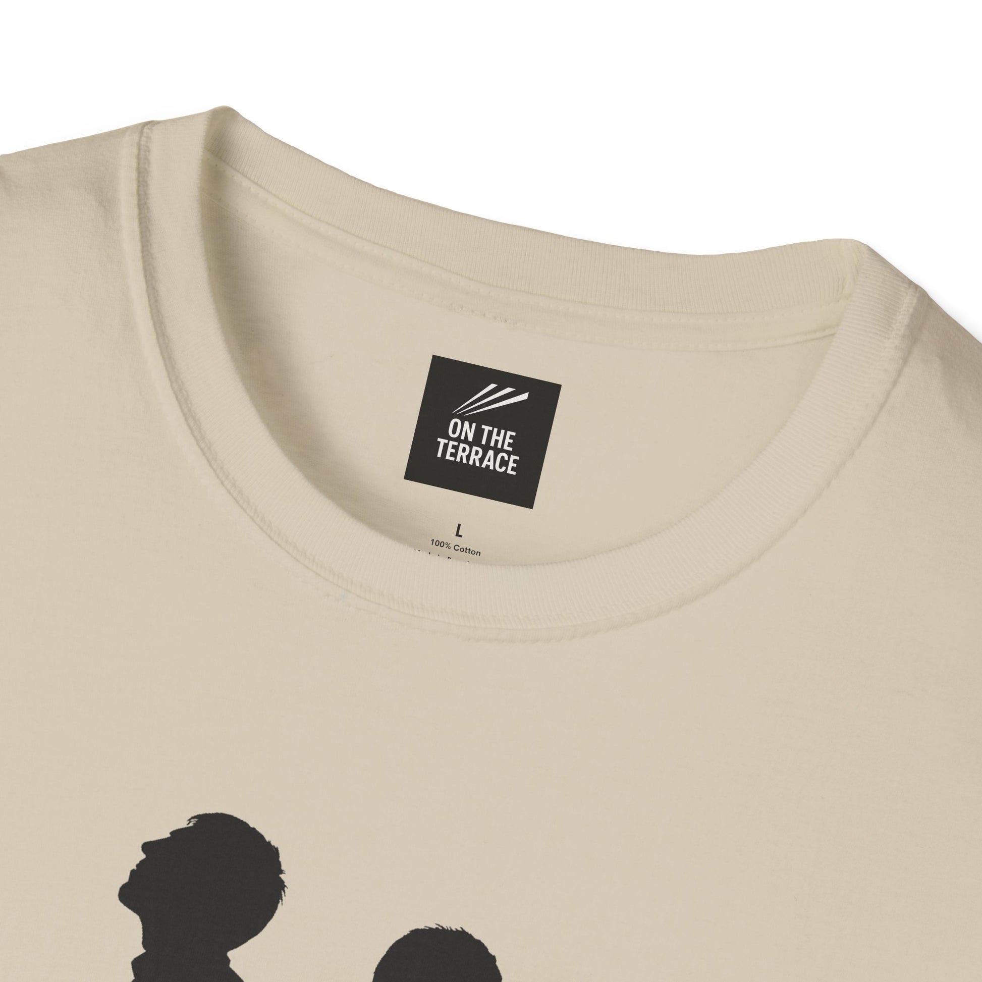 Close-up of beige cotton t-shirt collar with On The Terrace logo and black silhouette design