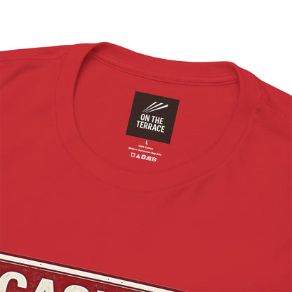 Close-up of a red short-sleeve t-shirt showing the inner neck label which reads 'ON THE TERRACE' on a white background.