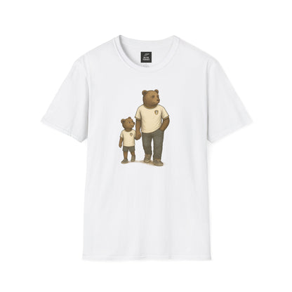 Leeds United White t-shirt with graphic of a bear parent and child holding hands in casual clothes