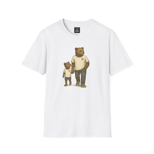White t-shirt with graphic of a bear parent and child holding hands in casual clothes
