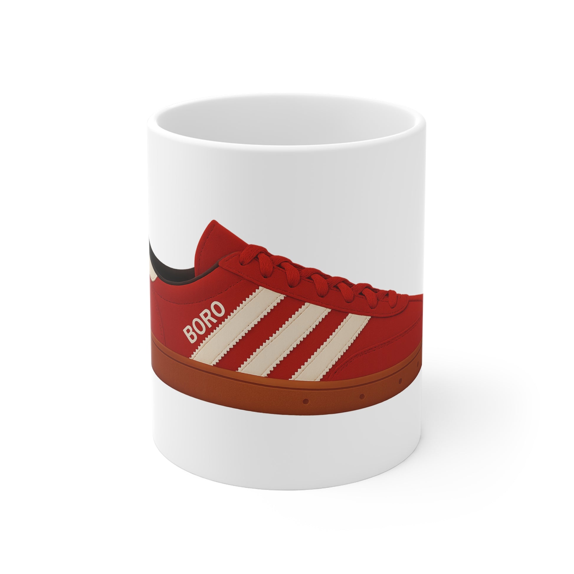 White ceramic mug with red Adidas Boro sneaker graphic featuring cream stripes and brown sole