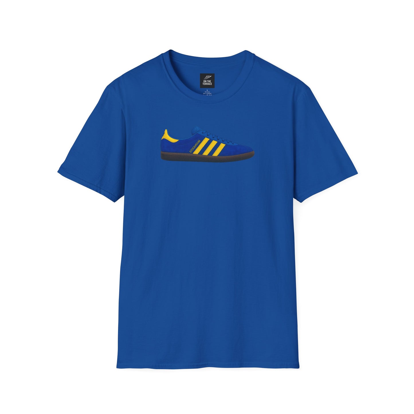 Blue crew neck t-shirt with yellow and blue sneaker graphic in the center