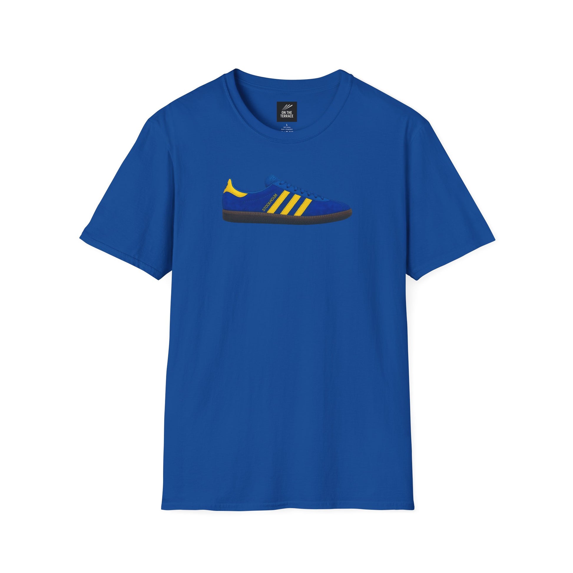 Blue crew neck t-shirt with yellow and blue sneaker graphic in the center