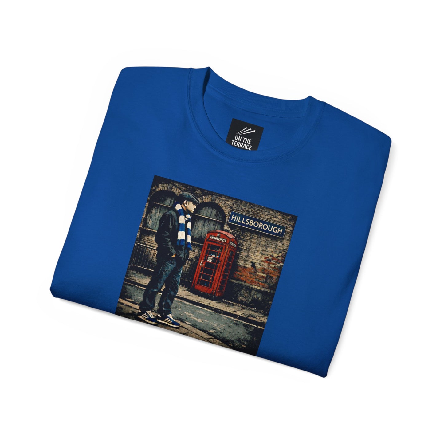 Folded Blue Sheffield Wednesday FC inspired t-shirt with vintage graphic of a fan in flat cap