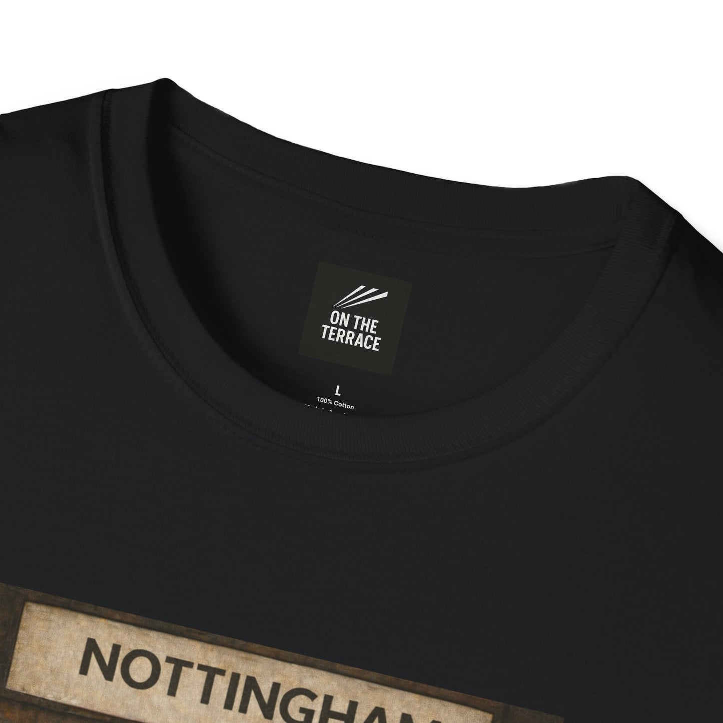 Notts Forest  Black t-shirt with 'On The Terrace' label and 'Nottingham' text on a white background