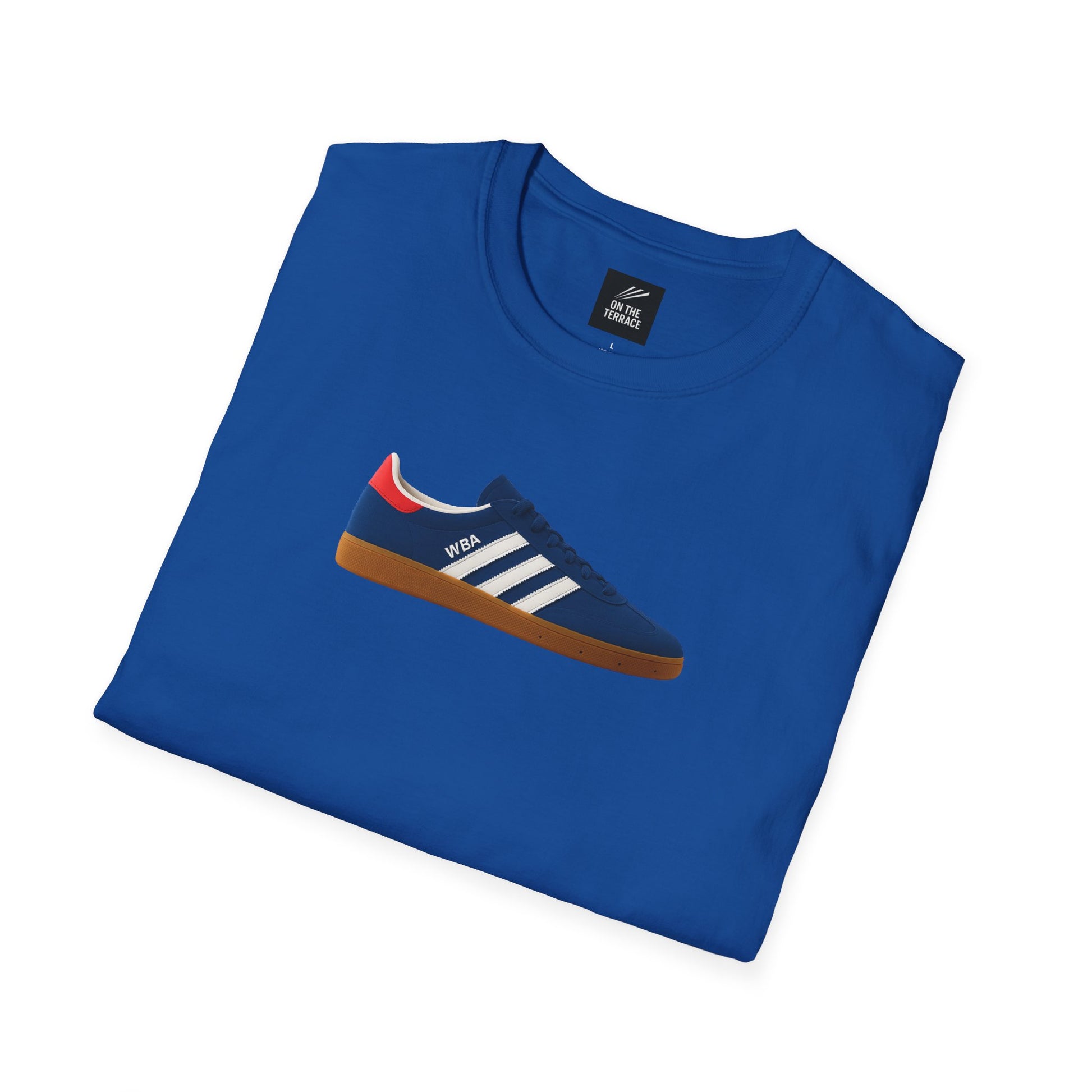 Blue folded t-shirt with a graphic of a blue sneaker with white stripes and gum sole