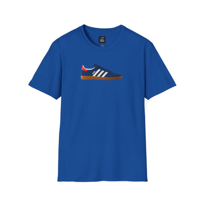 Blue T-shirt with a graphic of a blue sneaker featuring white stripes and a gum sole