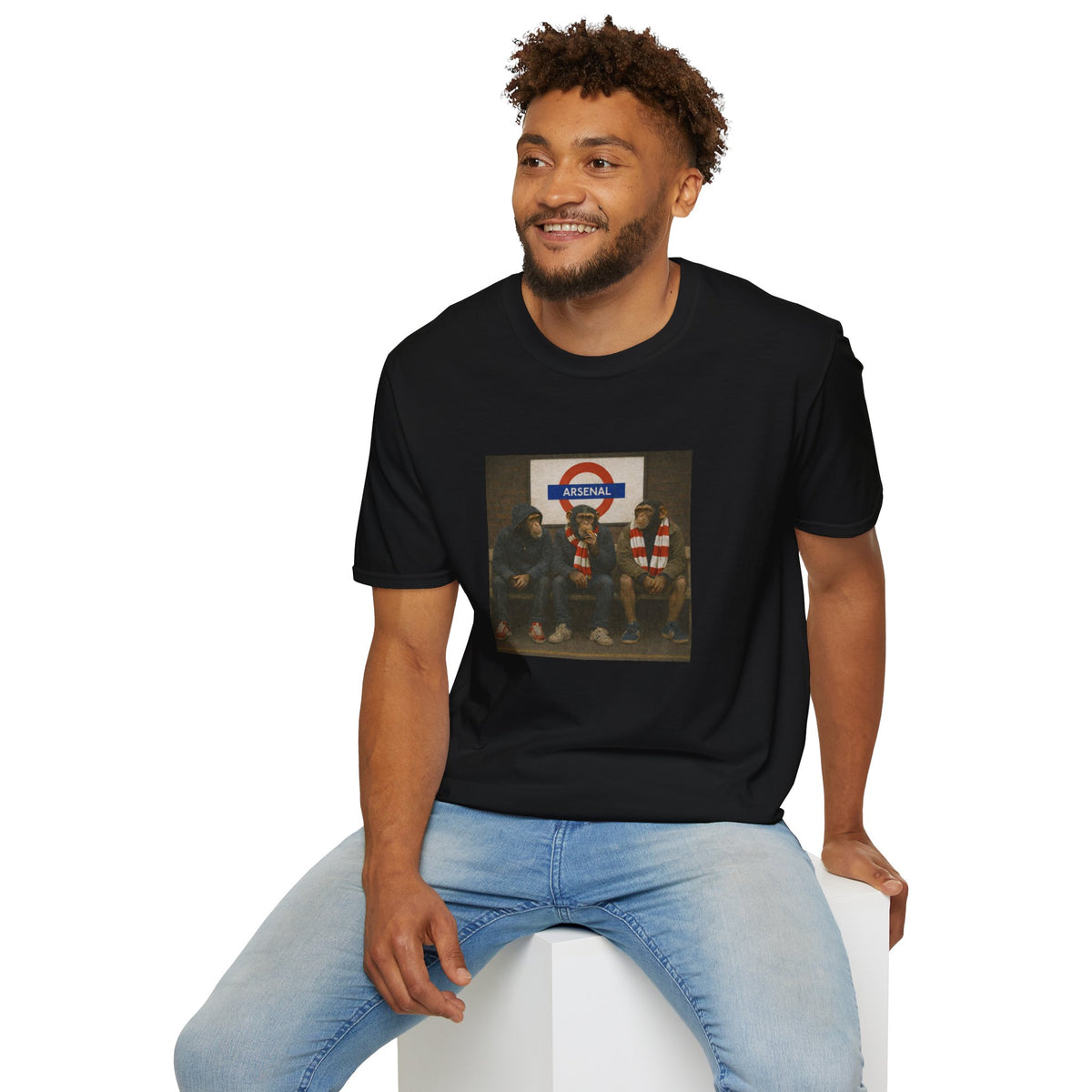 Arsenal London Tube tee graphic - chimps seated on a tube bench in red and white bar scarves