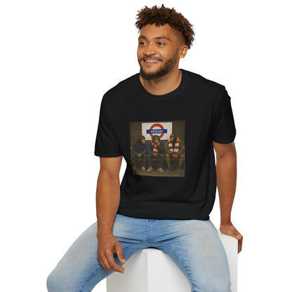 Arsenal London Tube tee graphic - chimps seated on a tube bench in red and white bar scarves