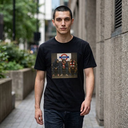 Man in a Arsenal casuals black t-shirt, three chimps in red and white scarves on a tube bench, On The Terrace
