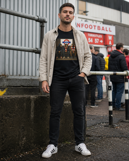 Man in a beige overshirt wearing the black Arsenal 'London Tube' terrace tee
