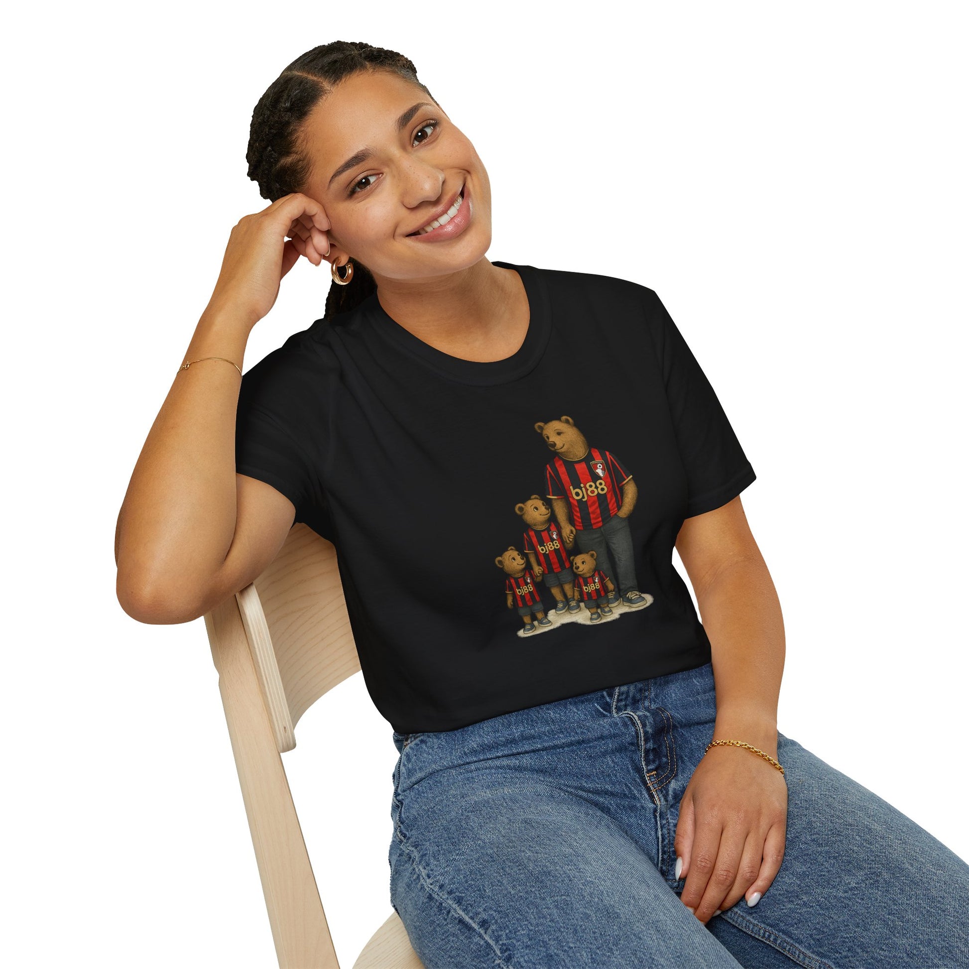 Woman in AFC Bournemouth t-shirt with two bears with AFC Bournemouth KITS made for AFC Bournemouth fans