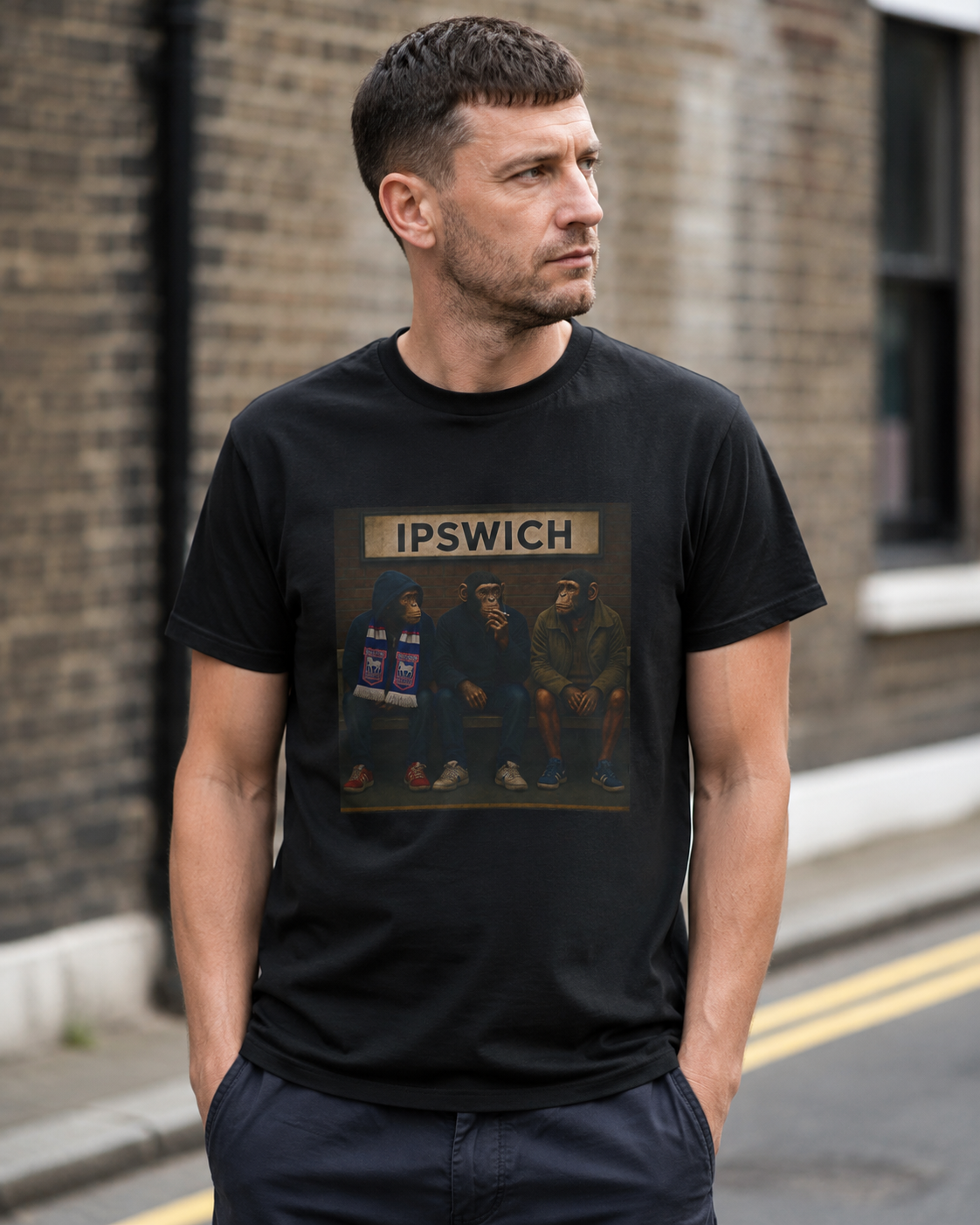 A man wearing a black crew-neck Ipswich t-shirt with a vintage-style graphic print of the band Ipswich, standing outdoors on a street with a brick wall in the background.