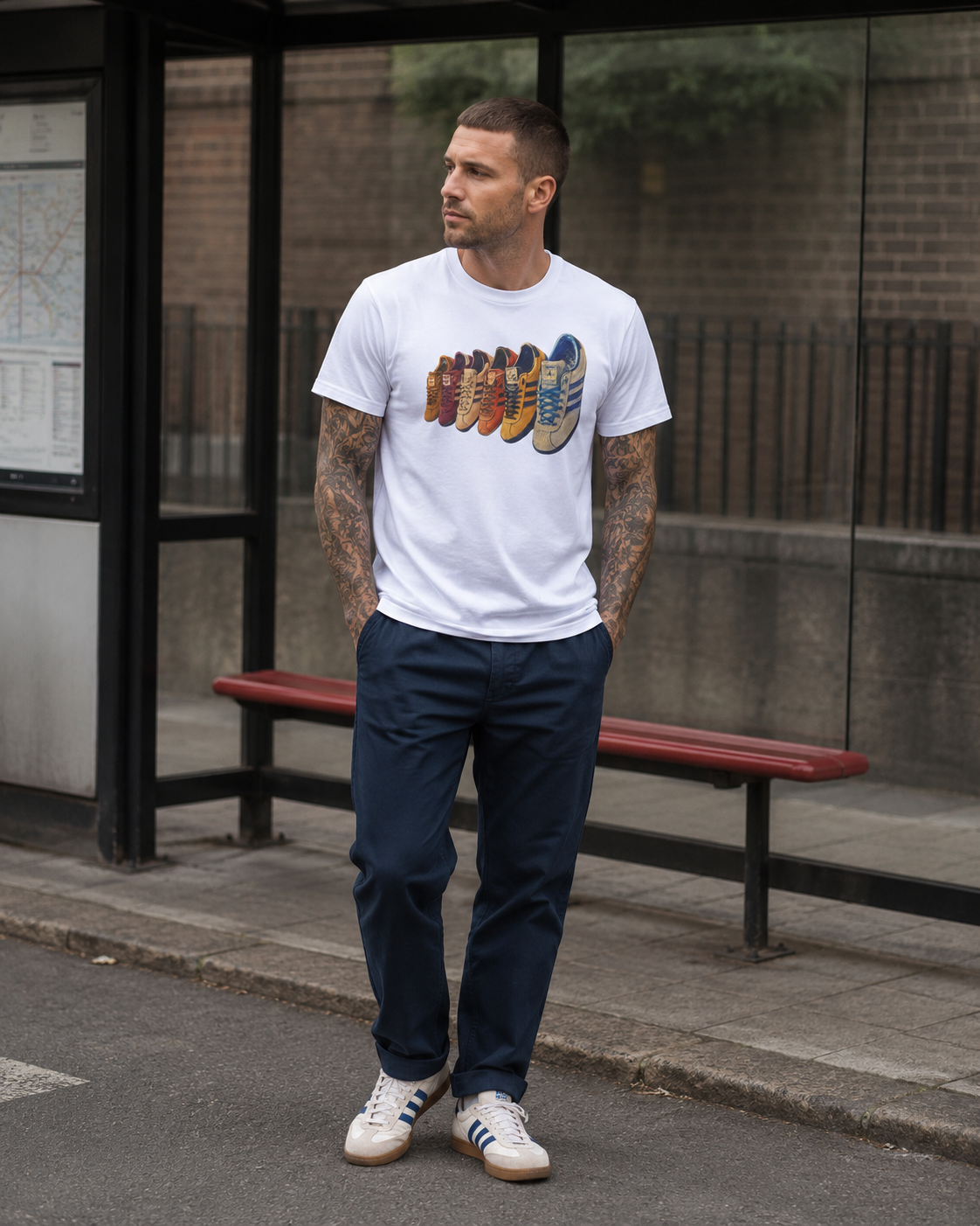 A man wearing a white crewneck t-shirt with a colorful graphic print of stacked sneakers, paired with navy blue trousers and white sneakers, standing in front of a glass bus stop shelter.