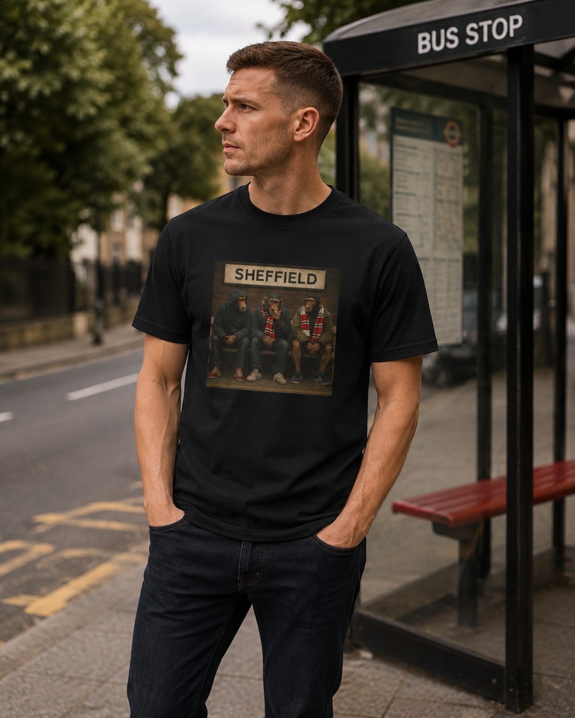 A man wearing a black crewneck Sheff United t-shirt with a Sheffield band graphic, standing at a bus stop.