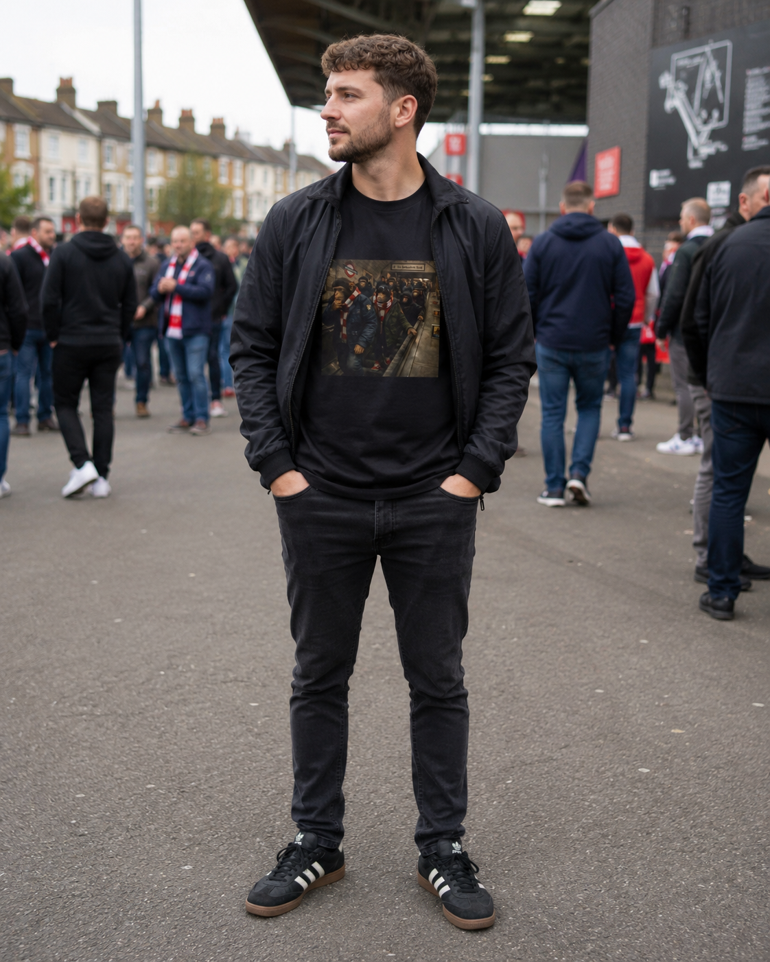 A man wearing a black bomber jacket, black graphic t-shirt, black jeans, and black Adidas sneakers with white stripes, standing in an outdoor street setting with a crowd in the background.