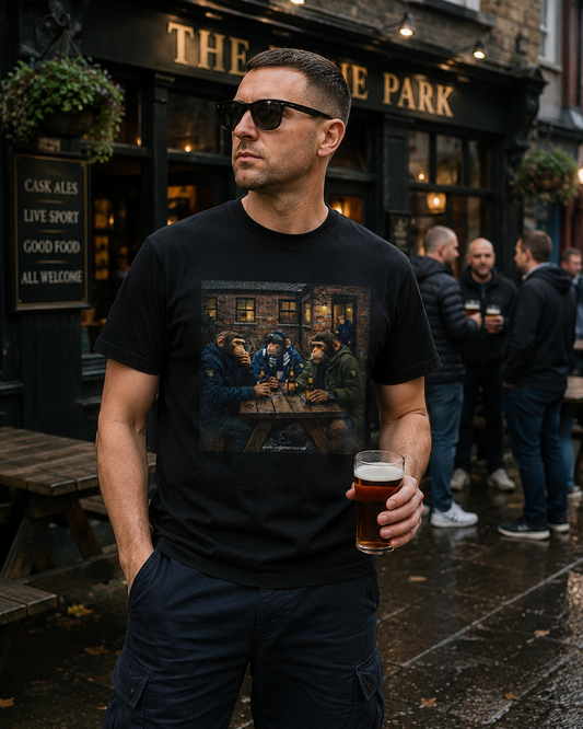 A man wearing a black Northern Monkey graphic t-shirt with a detailed print of a pub scene, standing outside 'The Park' pub and holding a pint of beer.
