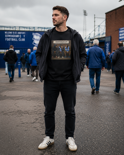 A man wearing a Birmingham City Fan T-Shirt with a 'Birmingham' print, styled with a black zip-up hoodie, black jeans, and white sneakers, standing in front of a stadium background.