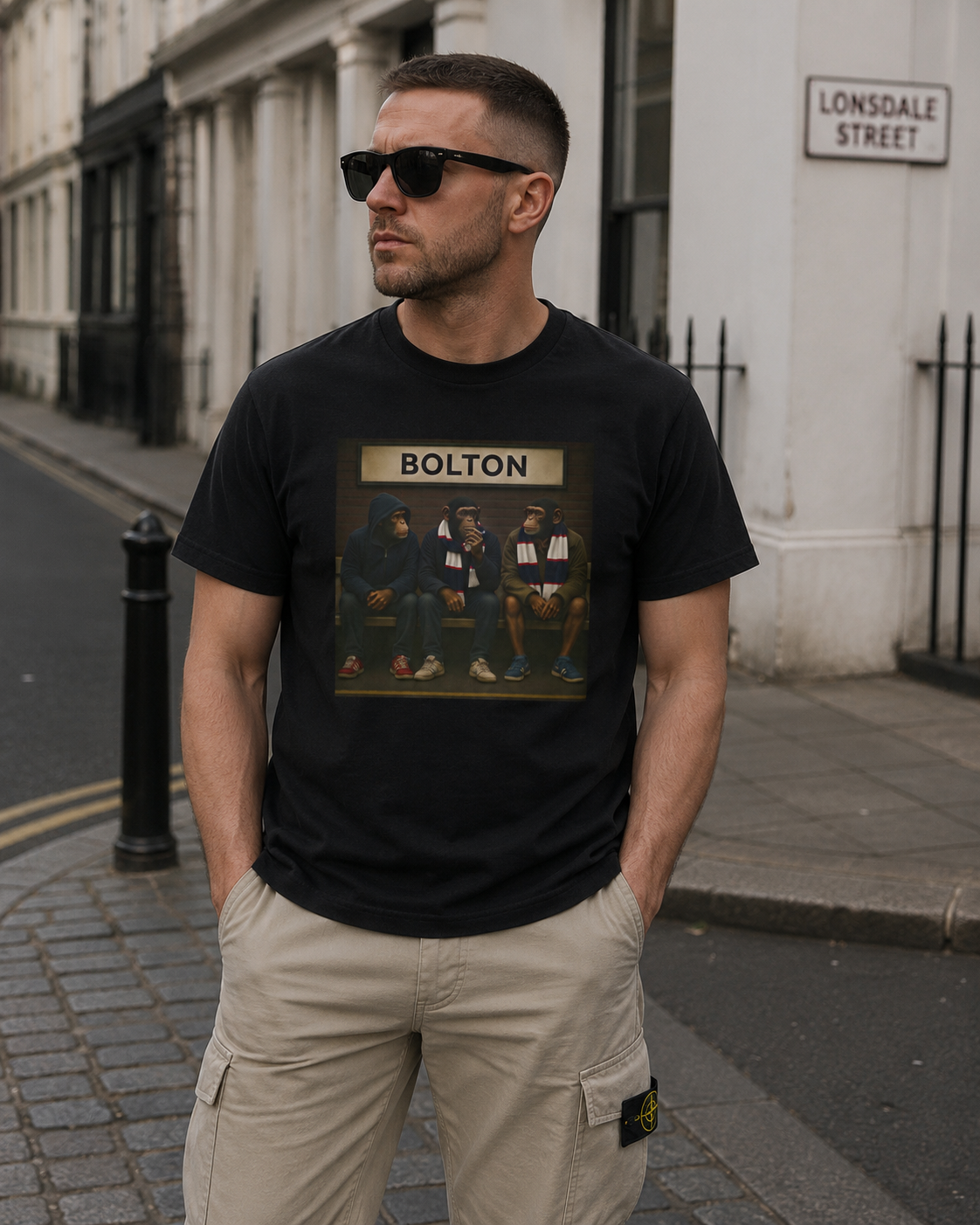 A man wearing a black short-sleeve Bolton t-shirt with a 'BOLTON' band print, paired with beige cargo pants and black sunglasses, standing on a city street.