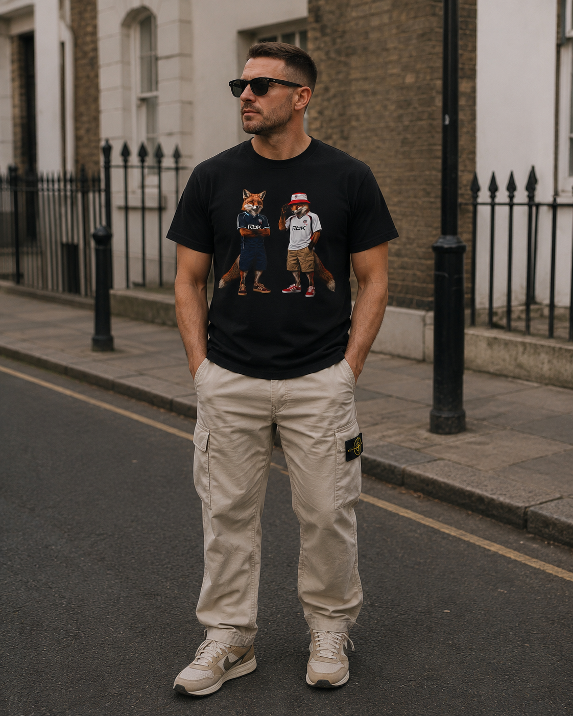 A man wearing a black Bolton graphic t-shirt with cartoon dog illustrations, beige cargo pants, and white sneakers, standing on a city street.
