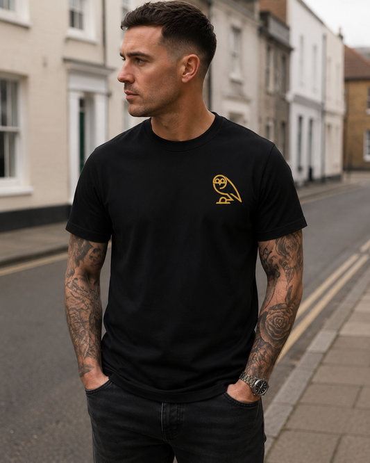 A man wearing Black SWFC t-shirt with owl crest design, front view, Sheffield Wednesday fan tee, standing on a city street.