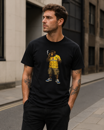 Chimp on the Terrace SWFC tee - chimp in the yellow and blue Sanderson away kit
