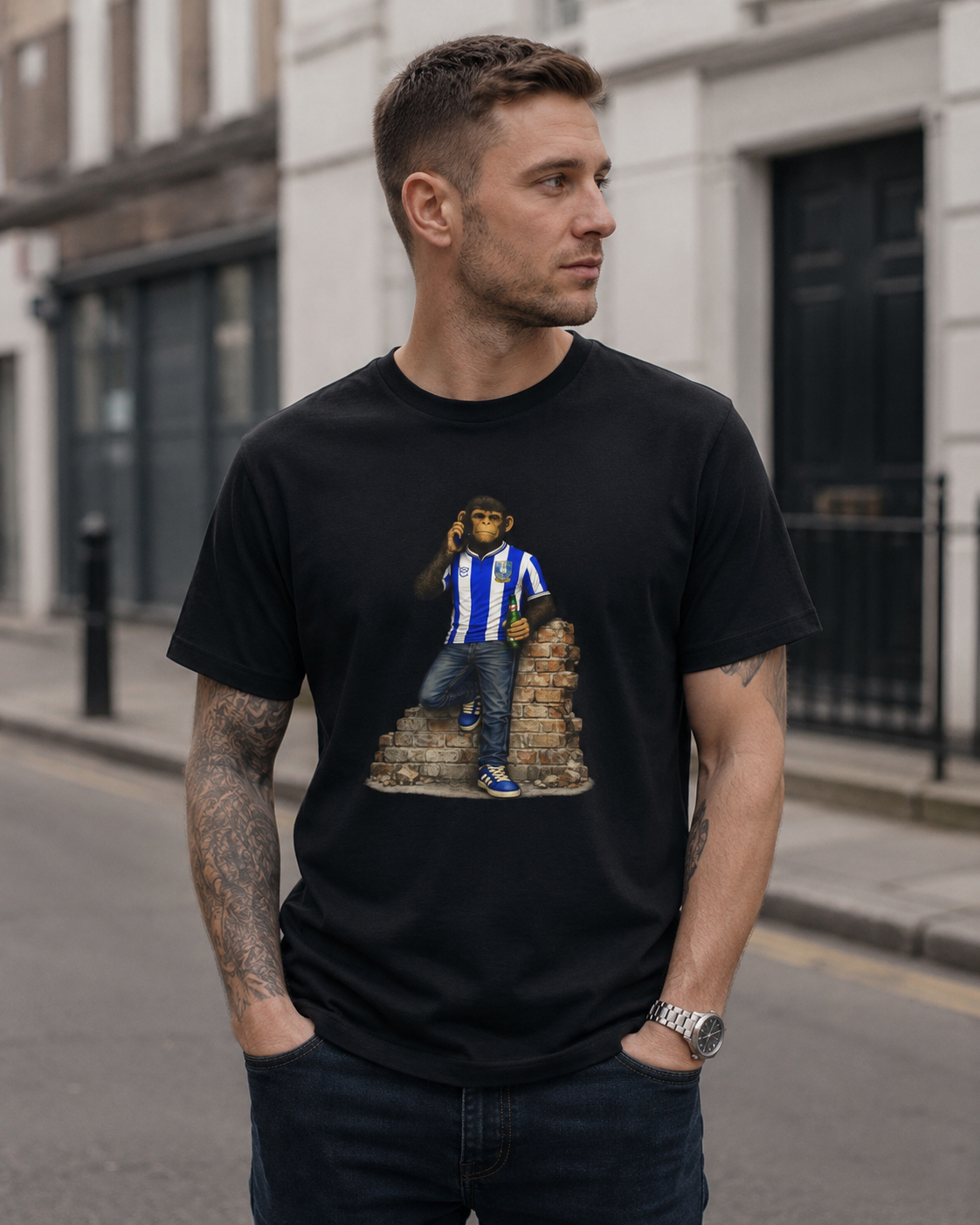A man wearing a black graphic t-shirt with a printed illustration of a person in a blue and white striped shirt, standing on a city street.