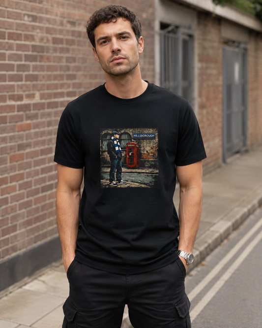 A man wearing a black graphic t-shirt with a SWFC print, standing on a brick sidewalk next to a street.