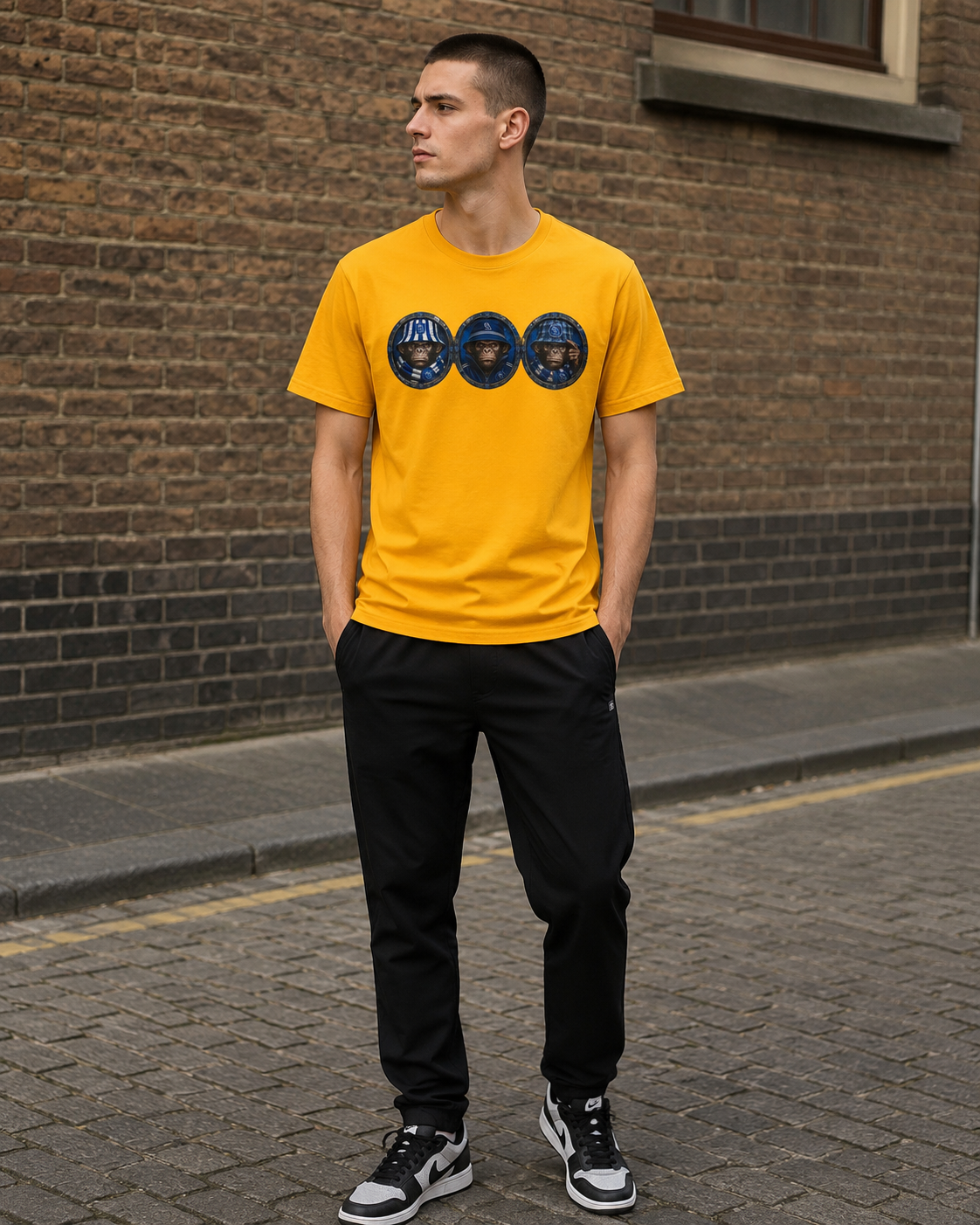 A man wearing a bright yellow crewneck SWFC t-shirt with three circular blue and gold graphics on the chest, paired with black sweatpants and black-and-white sneakers, standing on a cobblestone street in front of a brick wall.