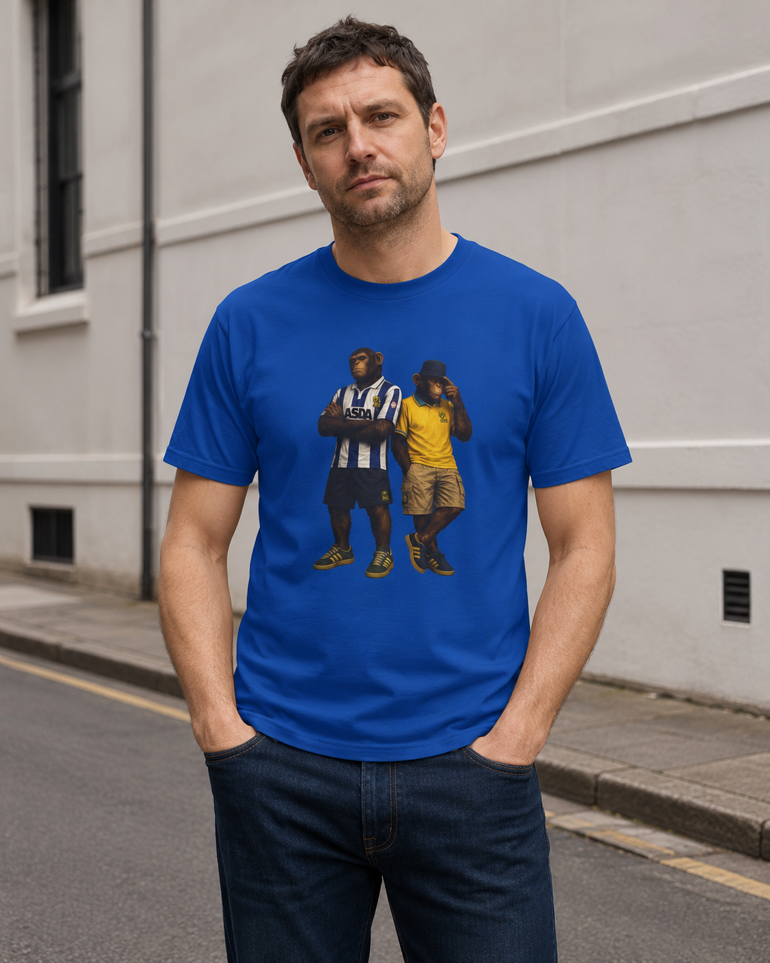 A man wearing a royal blue crewneck swfc t-shirt with a graphic print of two football players, standing on a street against a light gray building wall.
