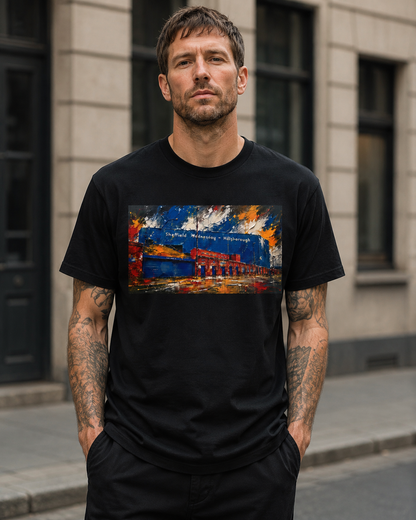 Man wearing the Sheffield Wednesday Hillsborough Stadium Art black T-shirt outdoors