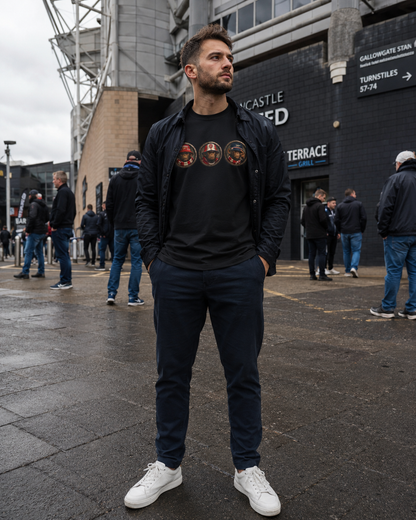 On The Terrace Northern Monkeys black graphic t-shirt featuring retro Arsenal images