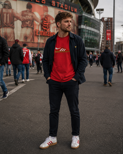 A man standing in front of Emirates Stadium wearing a red  Arsenal Adidas t-shirt under an open black jacket, dark navy pants, and white Adidas sneakers.