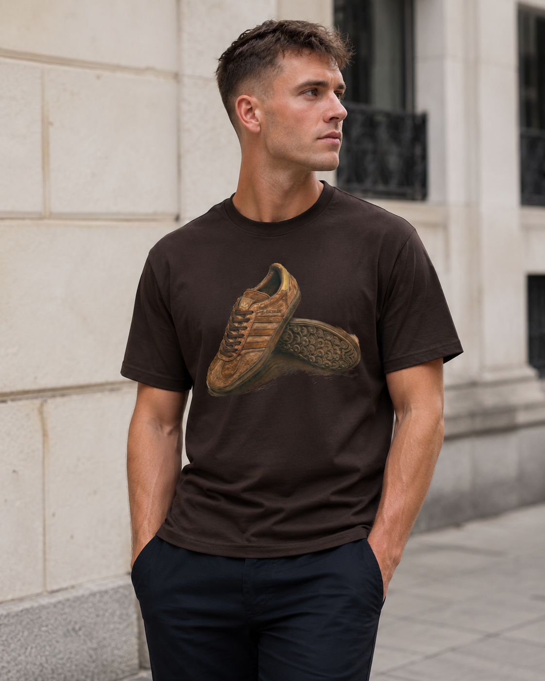 A man wearing a dark brown t-shirt with a graphic of two brown leather sneakers, standing outdoors against a light stone wall.