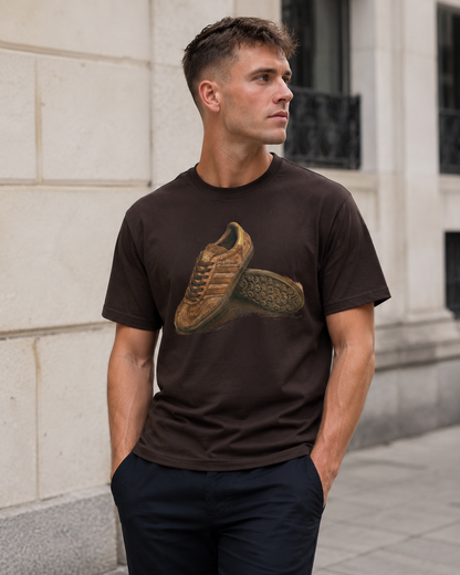 A man wearing a dark brown t-shirt with a graphic of two brown leather sneakers, standing outdoors against a light stone wall.
