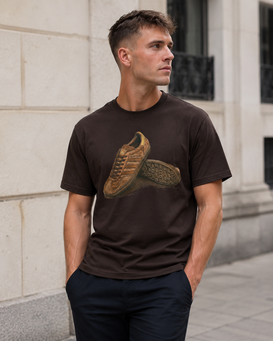 A man wearing a dark brown t-shirt with a graphic of two brown leather sneakers, standing outdoors against a light stone wall.