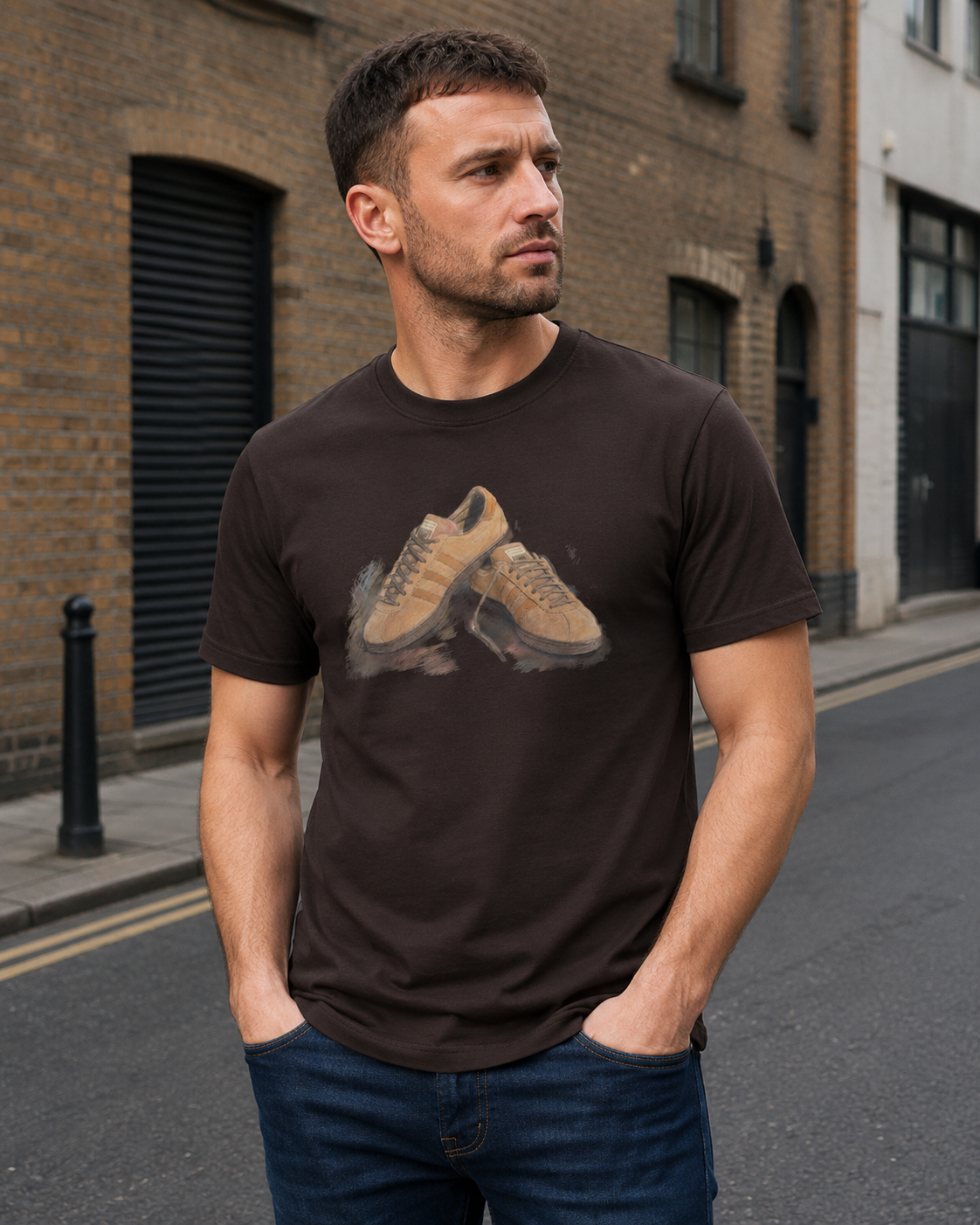 A man wearing a dark brown crew-neck t-shirt with a graphic print of a pair of beige sneakers, standing on an urban street.