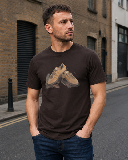 A man wearing a dark brown crew-neck t-shirt with a graphic print of a pair of beige sneakers, standing on an urban street.